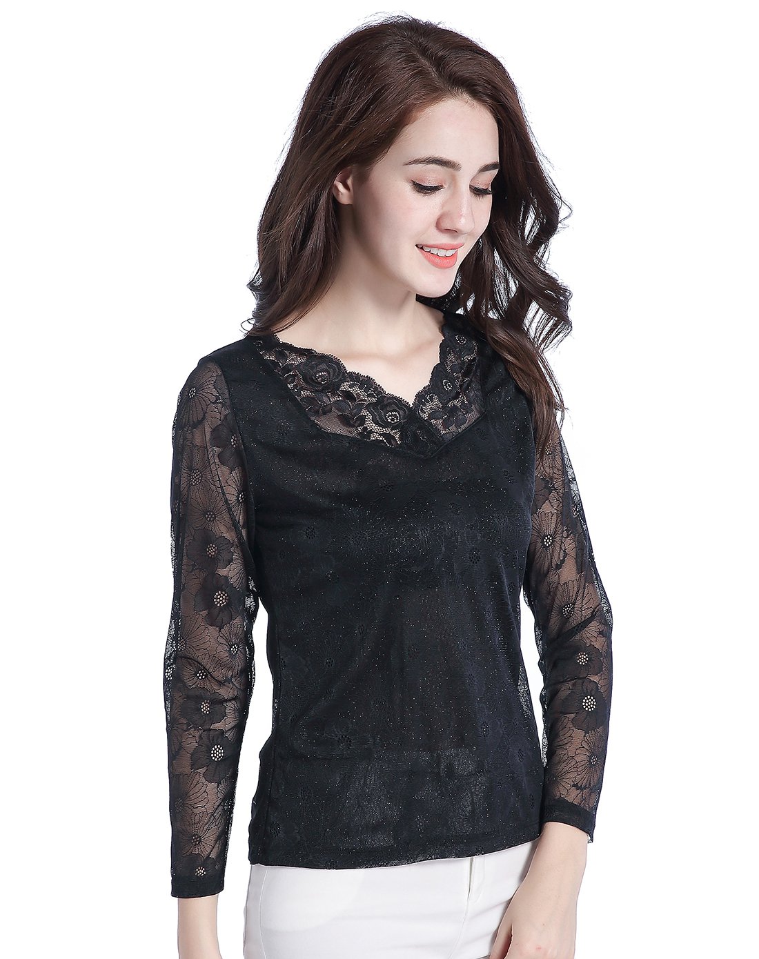 特惠-法罗faro内衣专场性感蕾丝小v领时尚打底衫3382-bk_唯品会