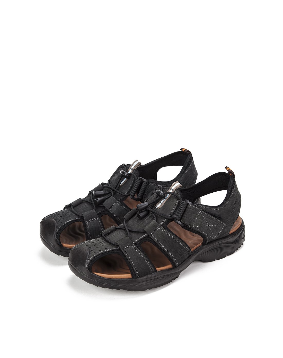 牛皮拼网布 休闲猪笼鞋黑色