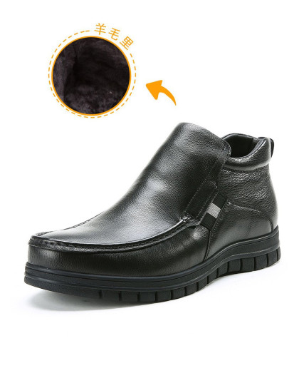 柔软舒适 黑色摔纹牛皮男式商务休闲高帮皮鞋羊毛靴手工