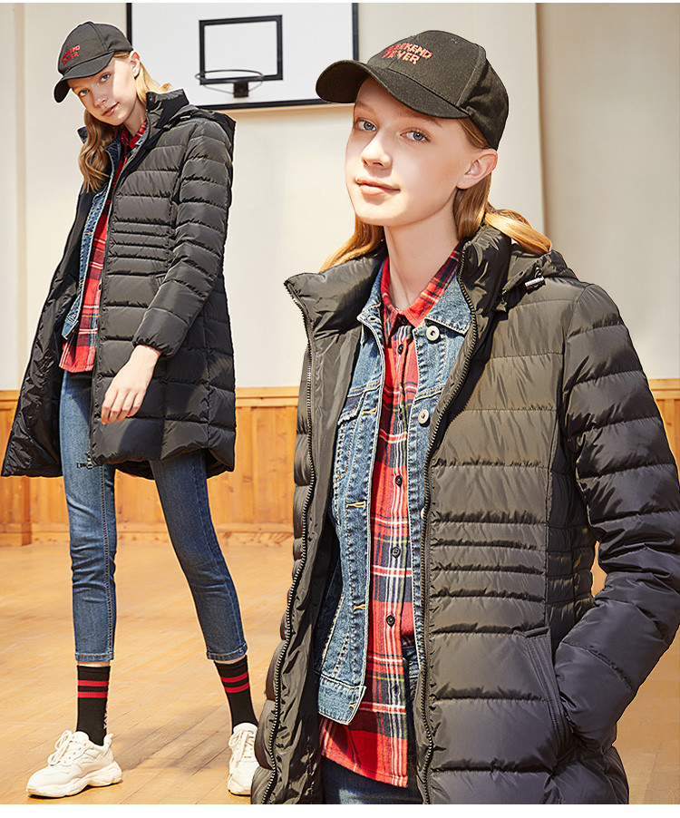 堡狮龙秋冬新款女装连帽外套中长款羽绒服女2019时尚523007000