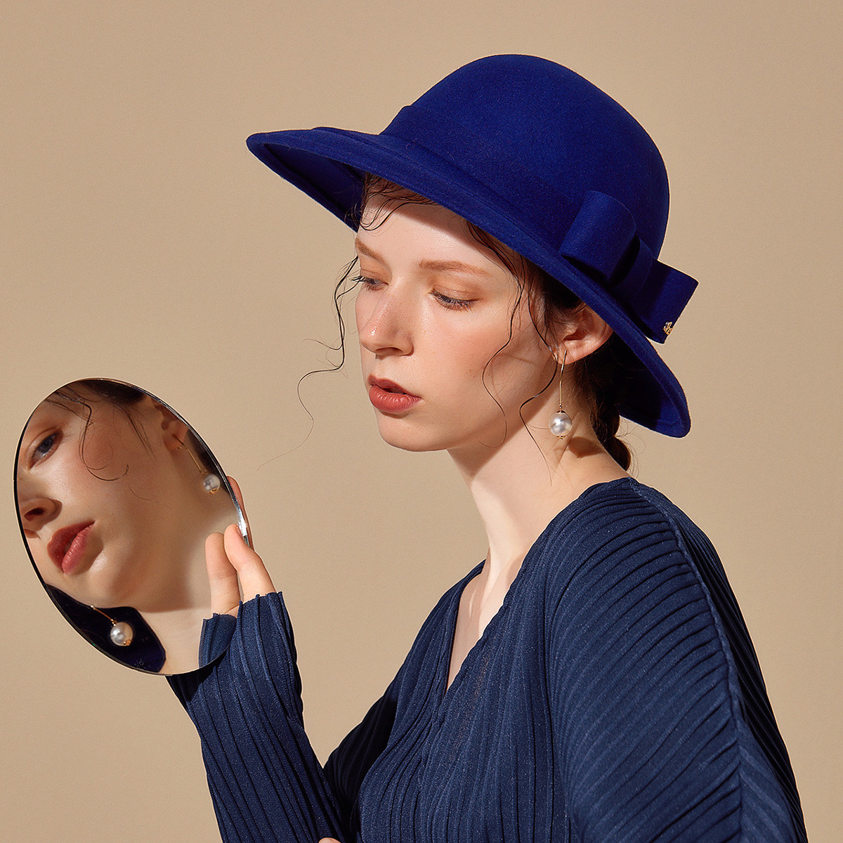 shes茜子浪漫法式风情系列优雅蝴蝶结纯羊毛大檐帽保暖帽子礼帽配饰