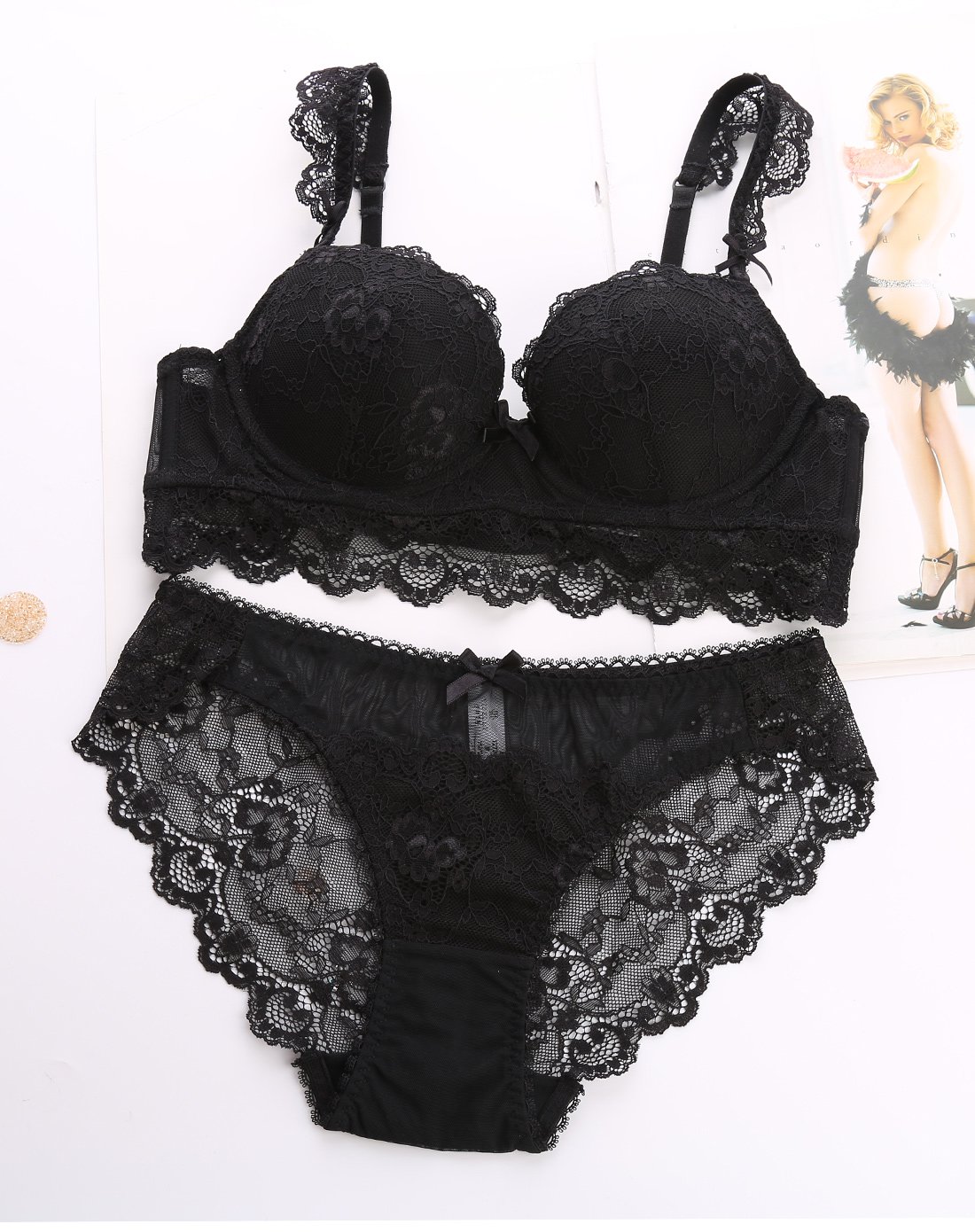 性感无痕全蕾丝深v诱惑镂空聚拢少女内衣文胸套装