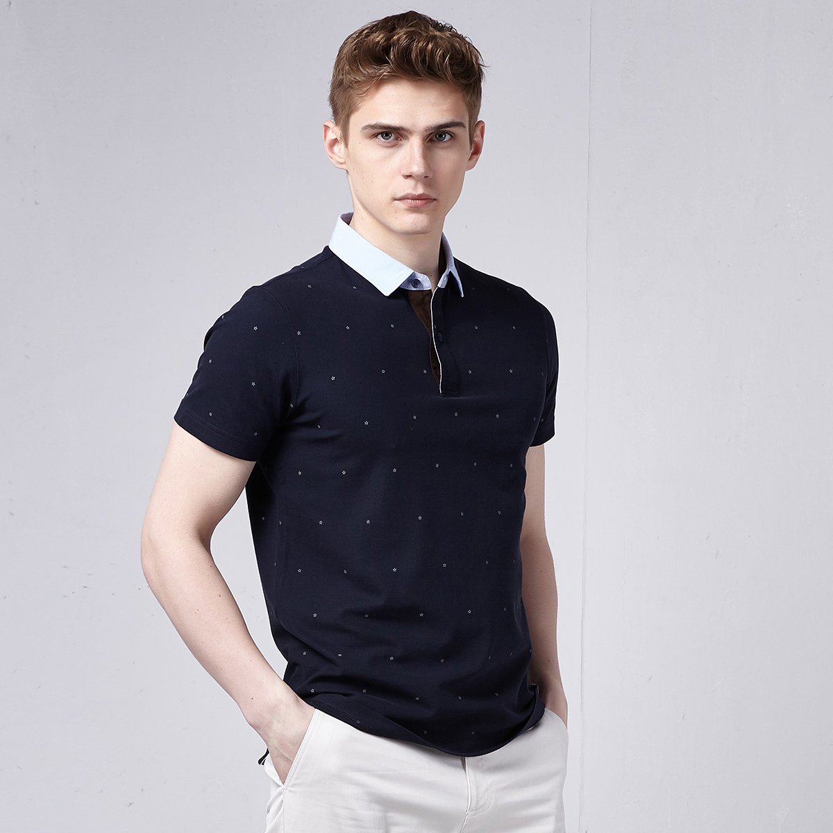 波点梭织领子短袖polo