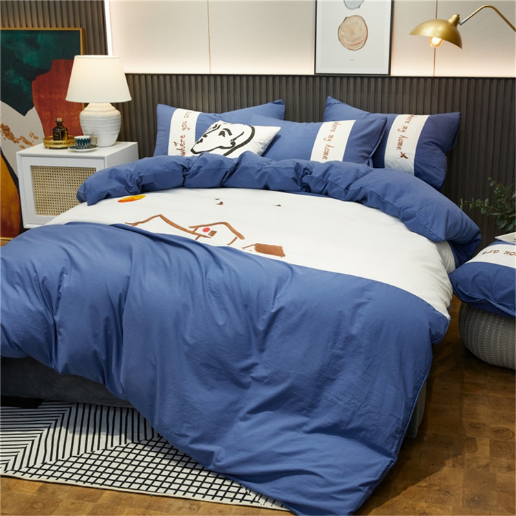 网红纯棉长绒棉刺绣四件套全棉撞色拼接被套纯色床单/床笠套件