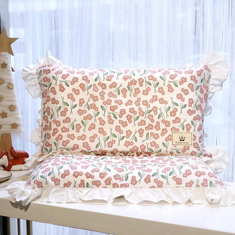 儿童枕头套全棉枕套纯棉花边枕头套小清新花卉印花枕芯套