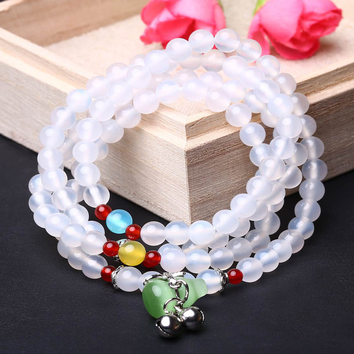 天然白玉髓108佛珠4层手链福禄相伴