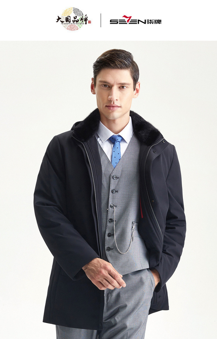 水貂毛领兔毛皮可拆卸羽绒内胆保暖男士尼克服外套 黑色 l