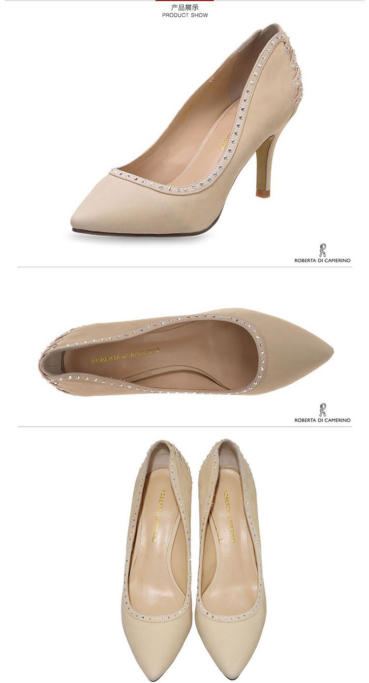 诺贝达roberta di camerino女鞋专场 优雅羊皮绒面革水钻尖头单鞋粉色