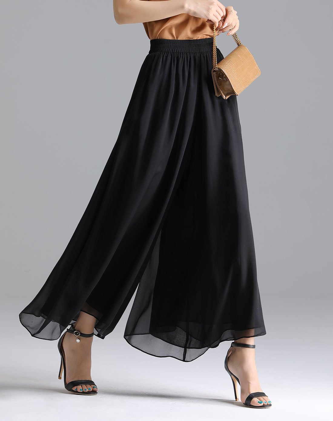 【2018夏季】新款百搭真丝雪纺垂感阔腿裤简约街头风高腰松紧通勤长裤