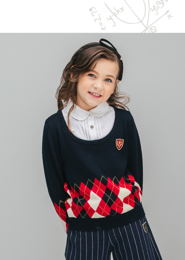 常春藤童装装新款女羊毛格子提花假两件毛衣