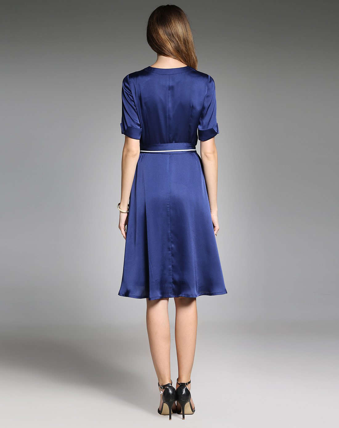 时尚简约v领半袖中长款连衣裙宝蓝色