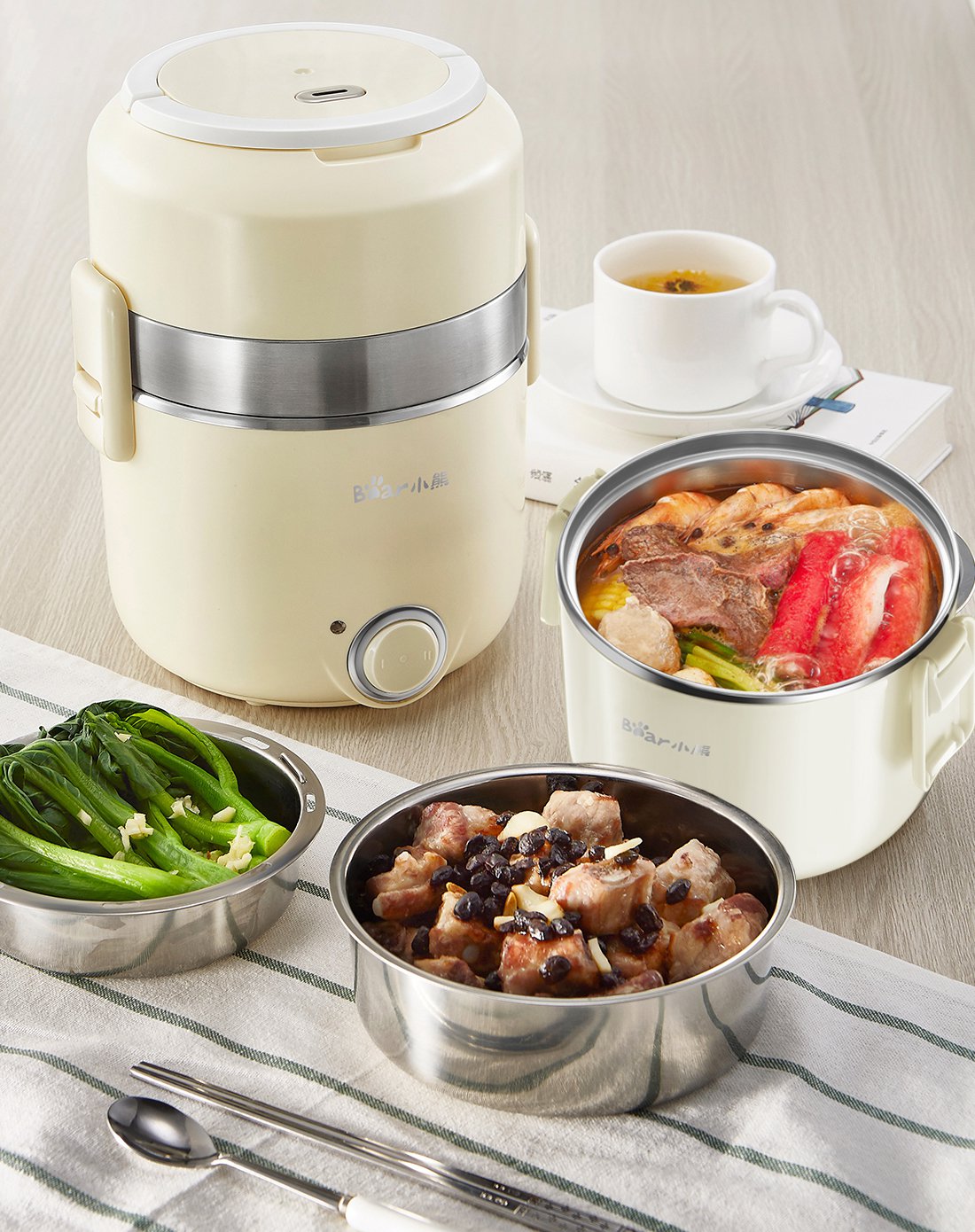小熊(bear) 电热饭盒 三层蒸饭加热饭盒全不锈钢内壁 dfh-b20q5 米
