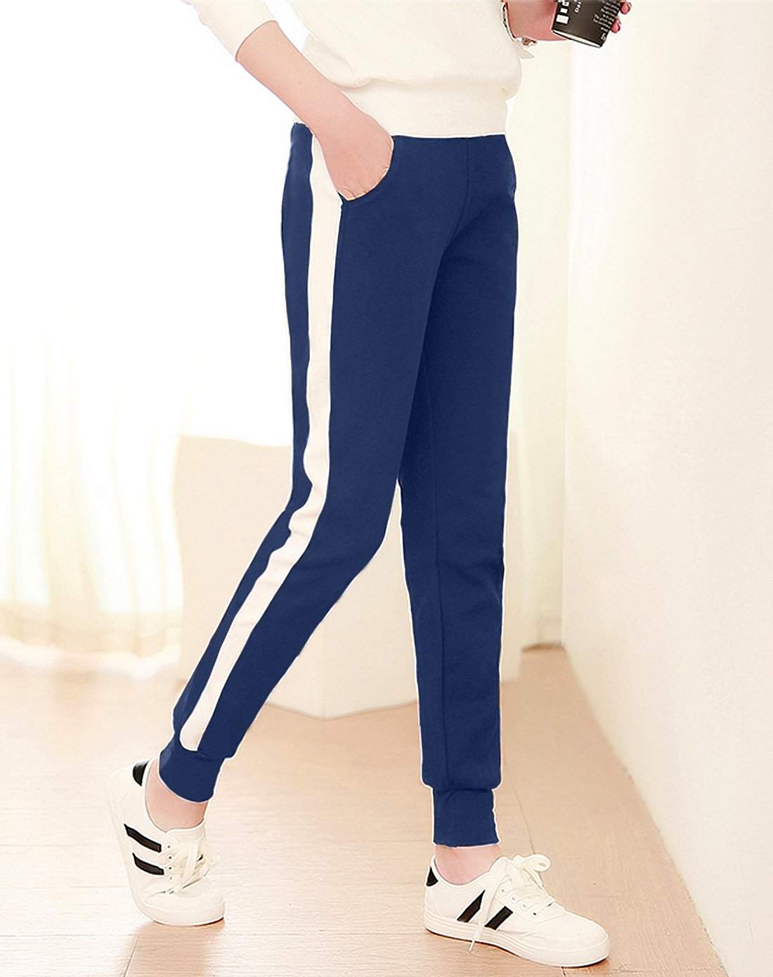 女士瑜伽&泳装专场简约百搭 女款宝蓝色束脚运动裤 小脚哈伦休闲长裤