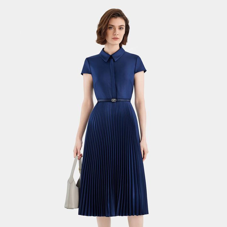 Ports 1961 宝姿女装衬衫领拼接百褶连衣裙 In Blue