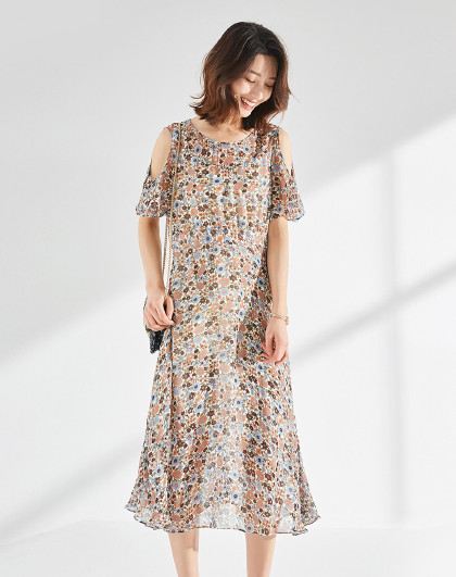 中长款碎花真丝连衣裙春夏女款时尚显瘦100%桑蚕丝裙子