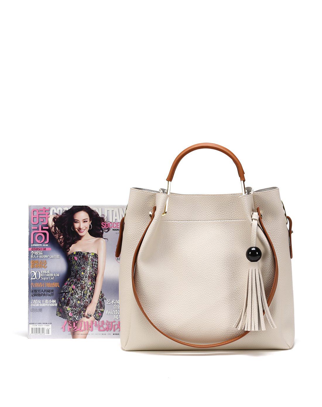 杜拉拉系列简约纯色大容量单肩手提流苏女包白色