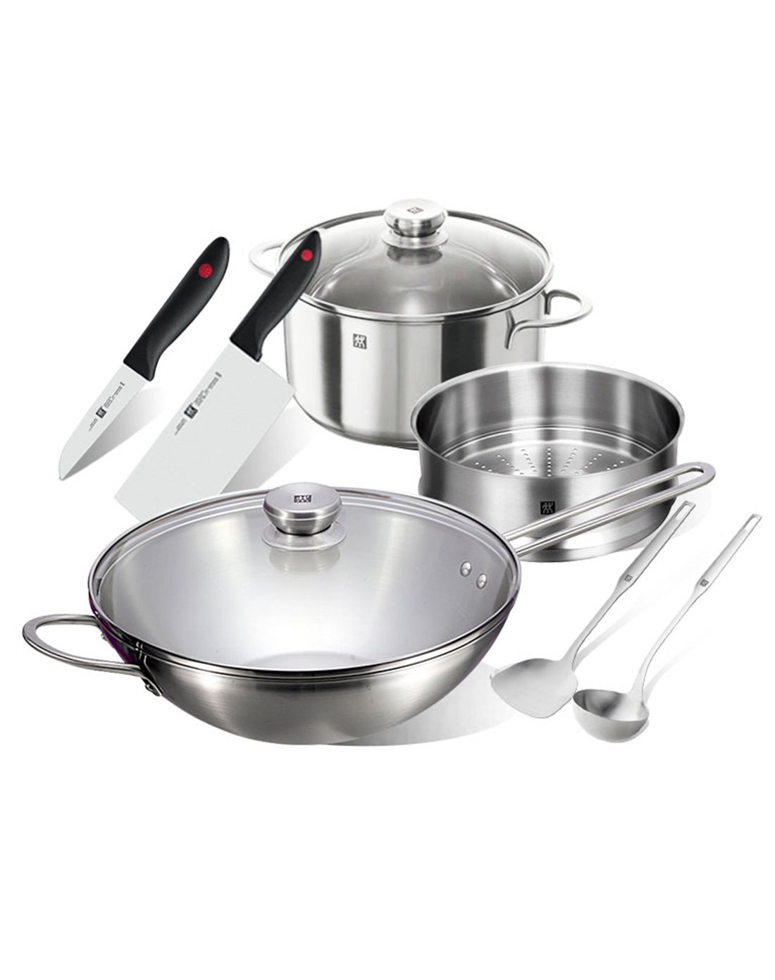 年货礼包双立人锅具套装不锈钢锅炒锅刀具炊具家用组合汤锅