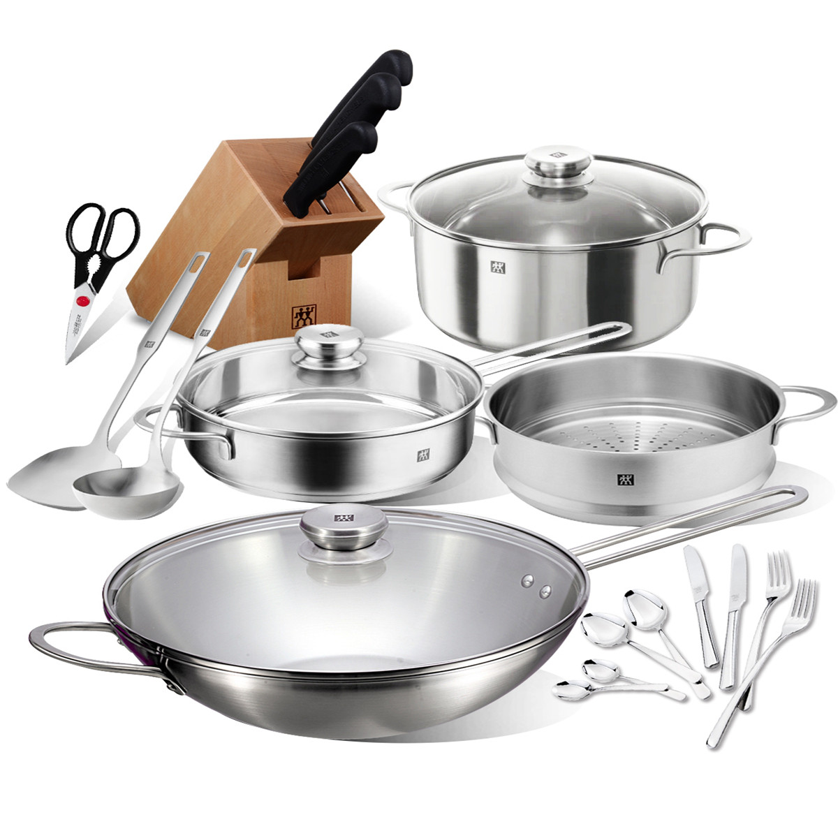 不锈钢炒锅 煎锅炖锅蒸笼锅铲汤勺刀具西餐具套装