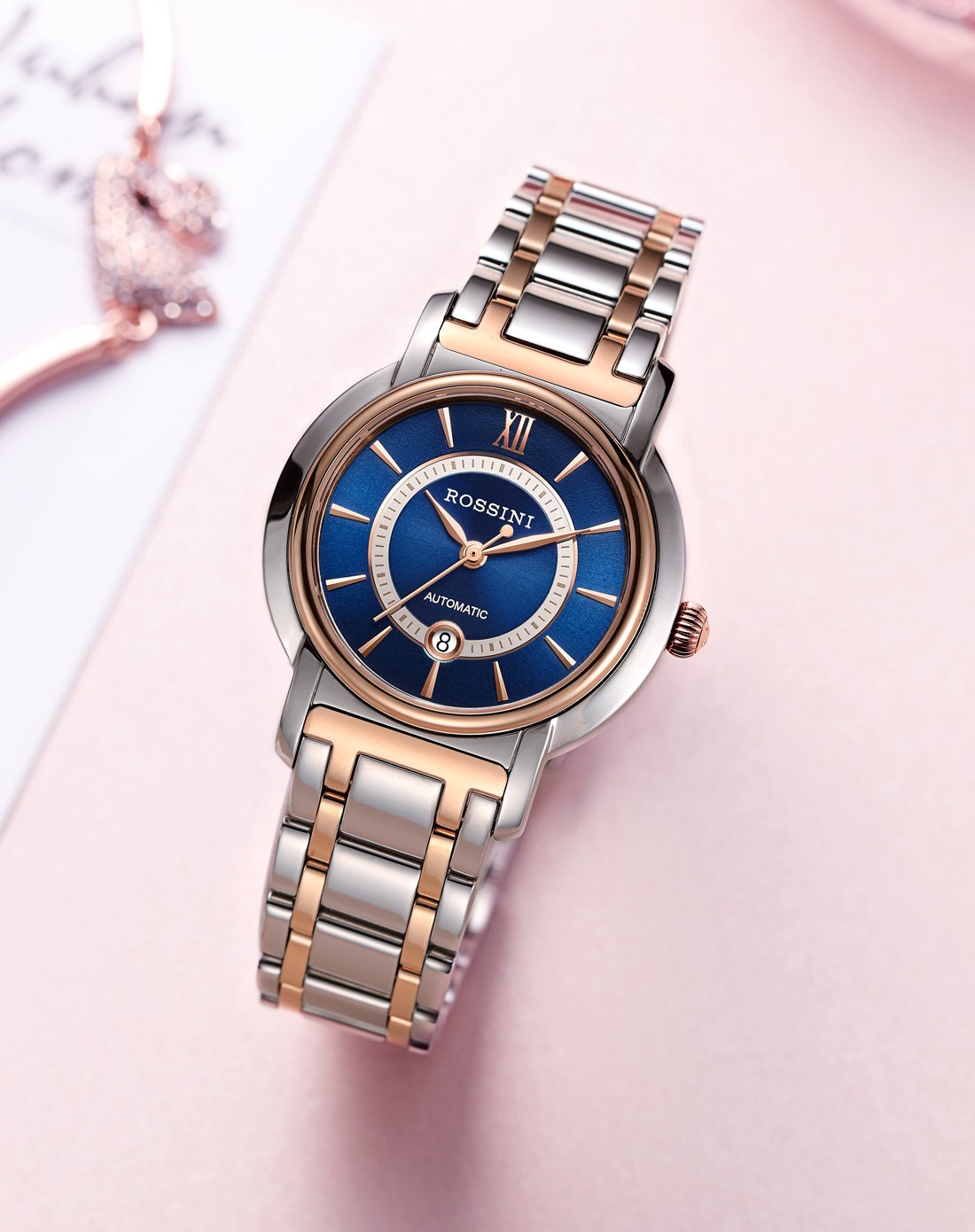 罗西尼时尚蓝盘钢带防水自动机械515712女士手表