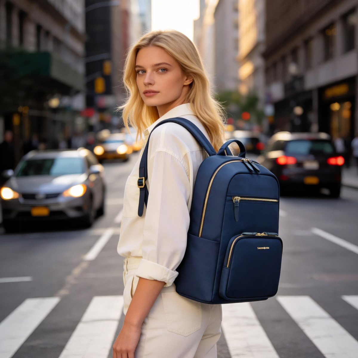 新秀丽 时尚双肩包休闲百搭尼龙大容量电脑包女士蓝色商务通勤书包TU8