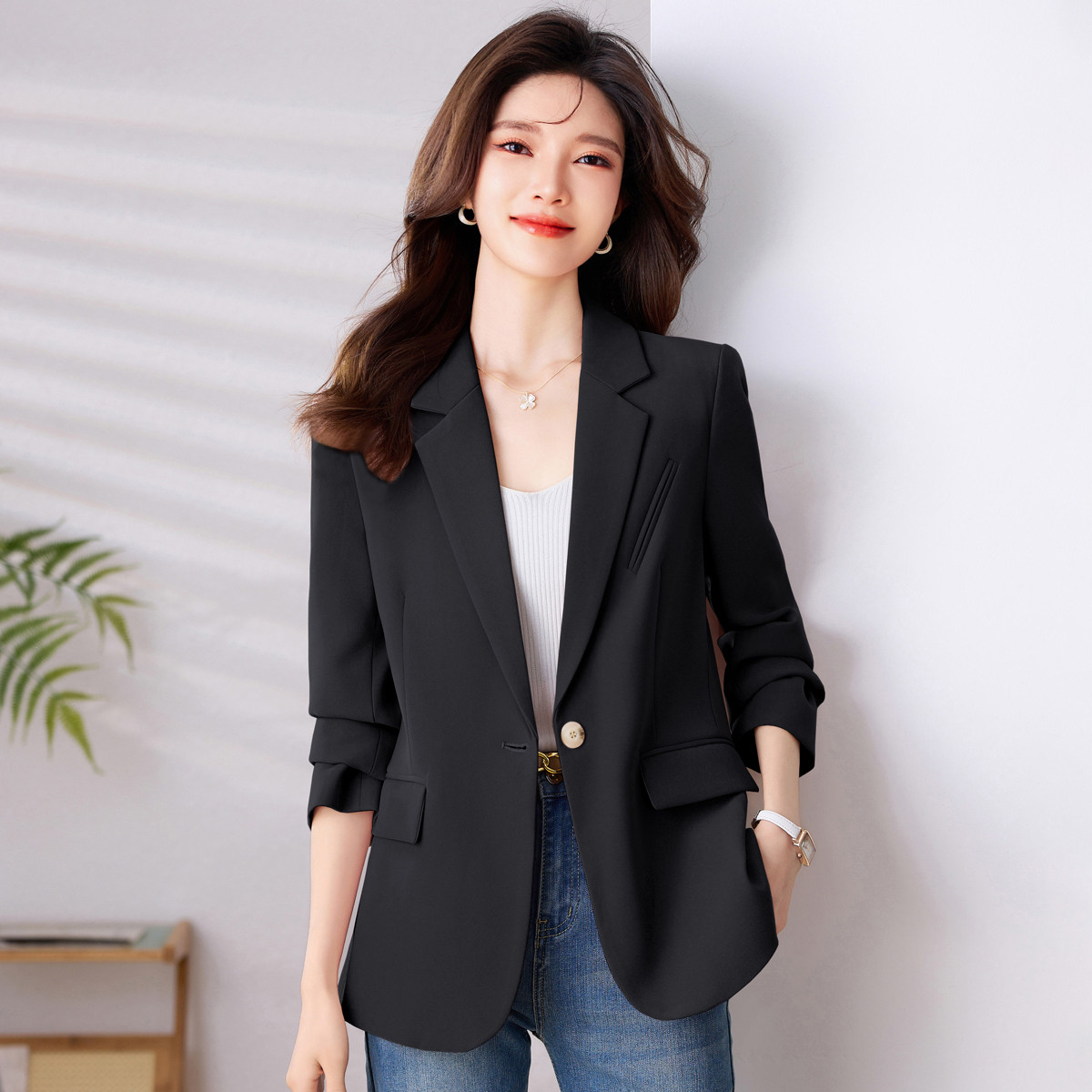 逸阳 正装通勤长袖小西装外套女春秋新设计感开叉气质宽松休闲西服上衣