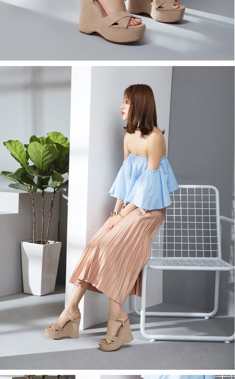 田莘honeygirl新品绒面交叉带简约时尚防水台坡跟凉鞋h