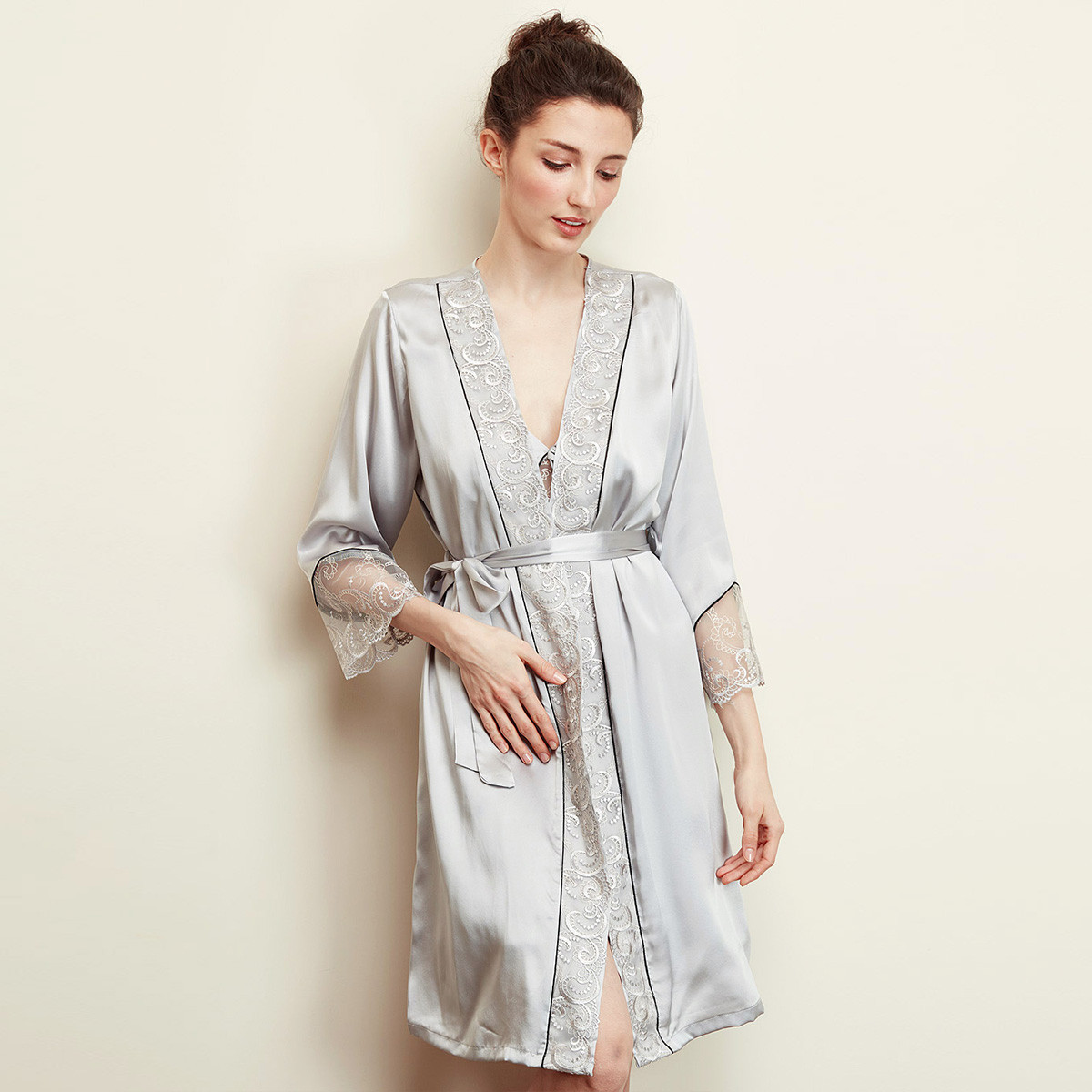 丝界sigi蕾丝花边长款系带真丝睡袍桑蚕丝浴袍(单袍)