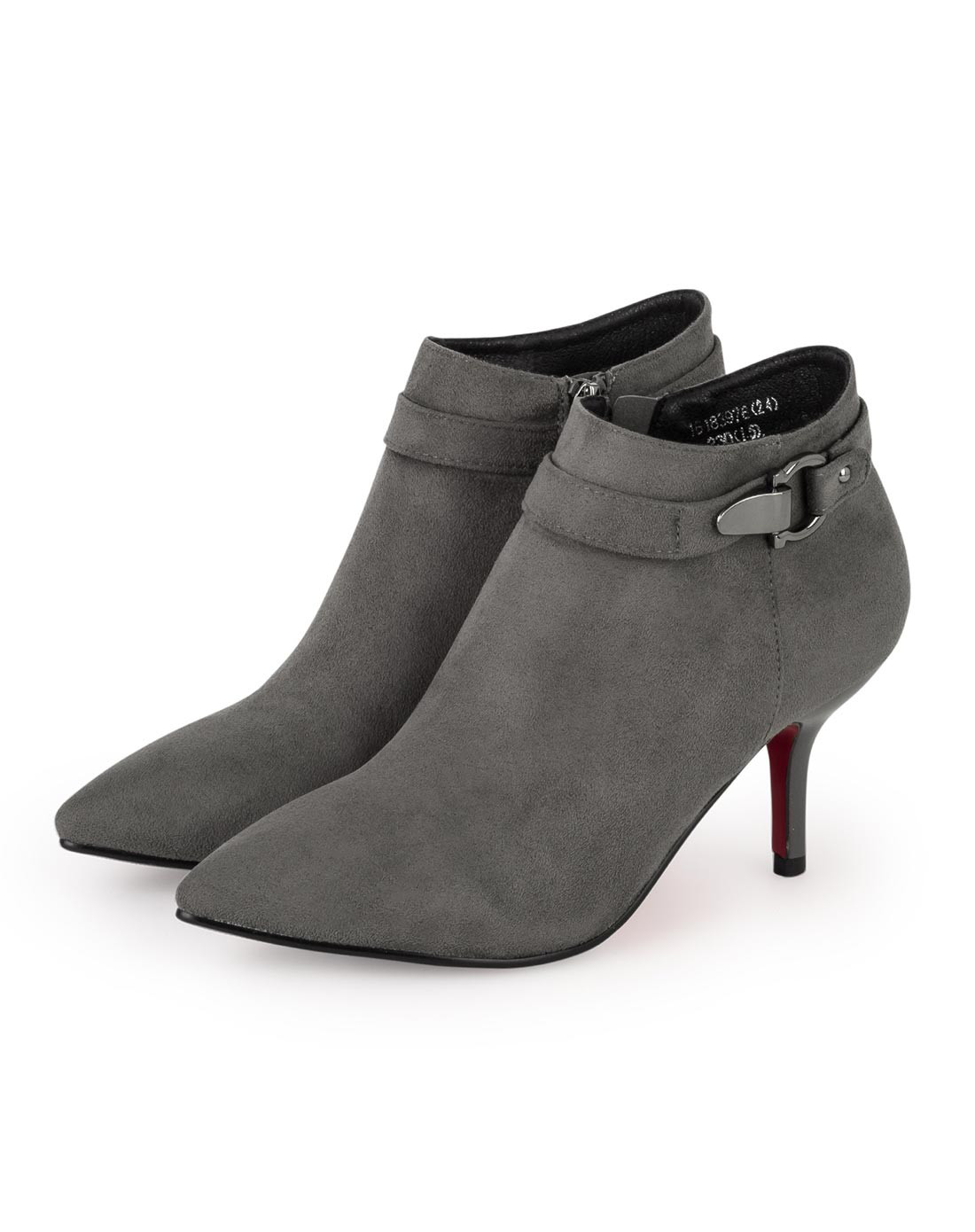 女款灰色皮带扣尖头薄里绒面短靴