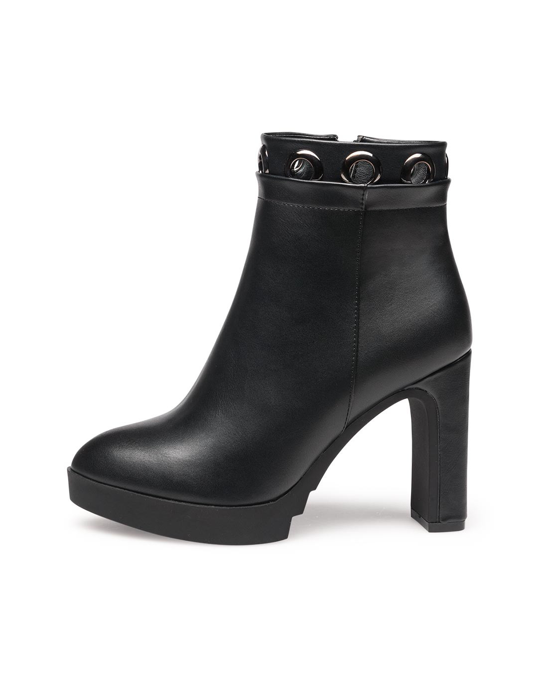 女款黑色金属圆环绒里粗高跟短靴