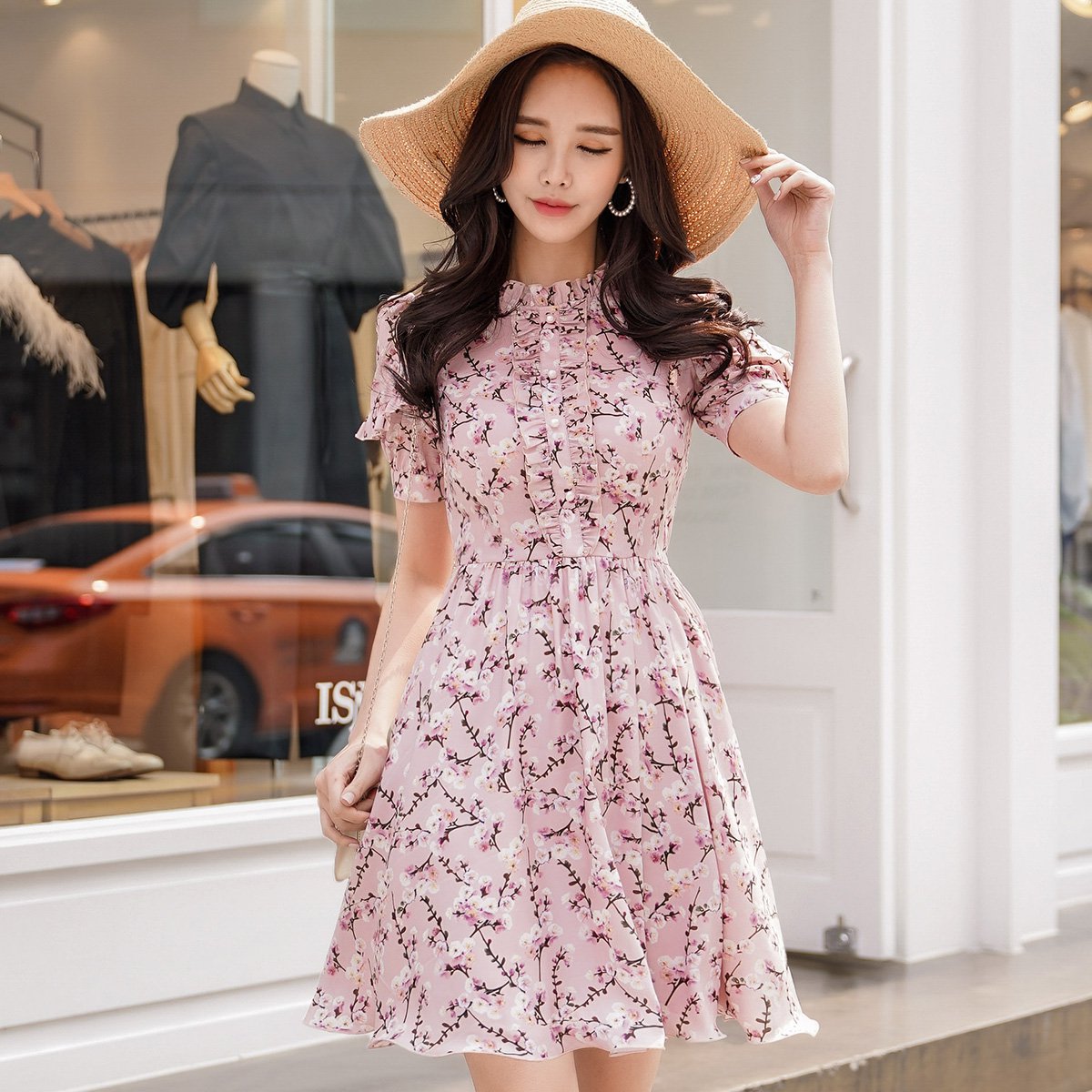 粉红大布娃娃dabuwawa 碎花连衣裙夏新款韩版甜美修身木耳领印花