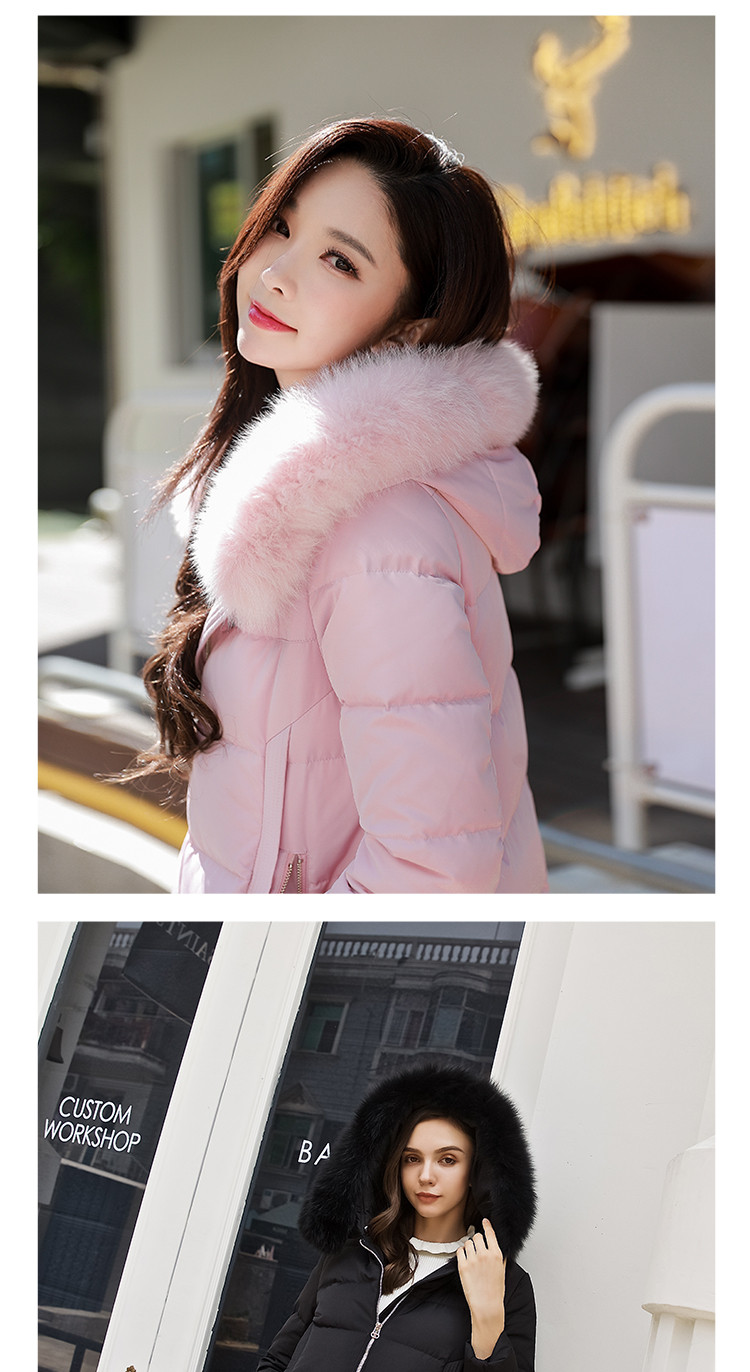 粉红大布娃娃冬装新款时尚气质甜美加厚保暖中长款连帽毛领羽绒服