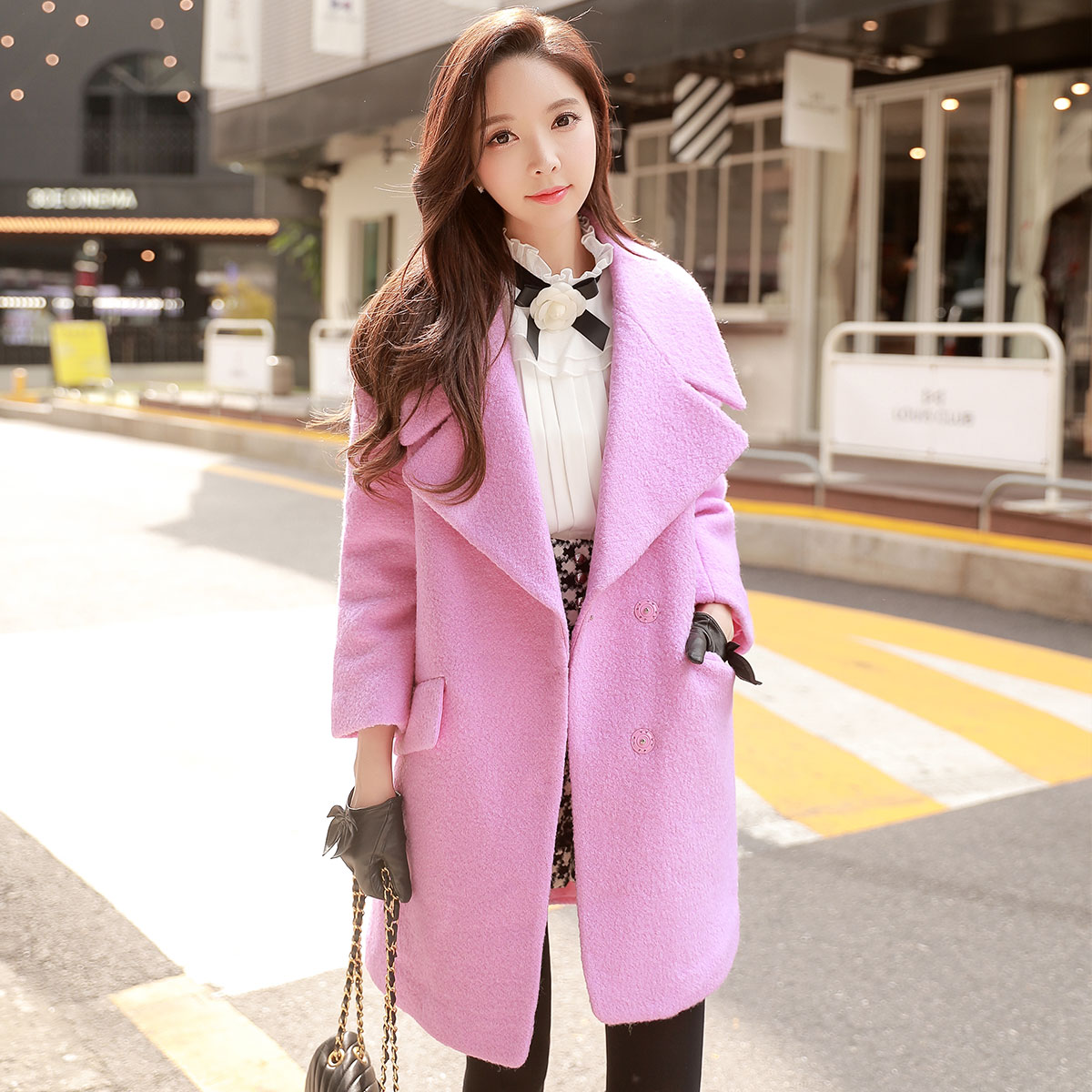 粉红大布娃娃气质西装领毛呢中长大衣