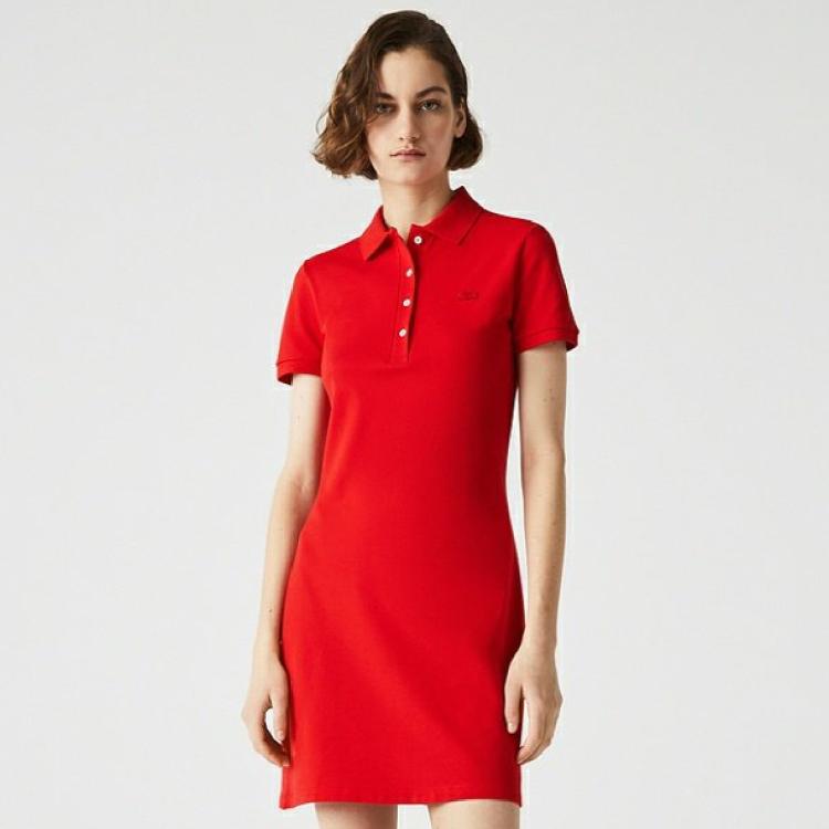 Lacoste 法国鳄鱼女装春夏法式修身短袖polo连衣裙 In Red