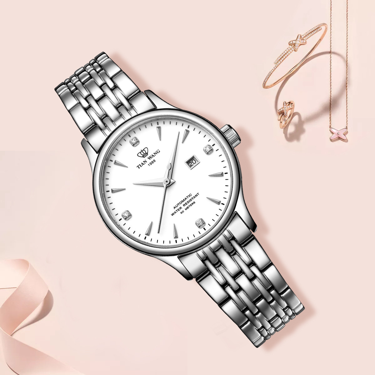 天王正品女表简约商务气质钢带机械女士手表