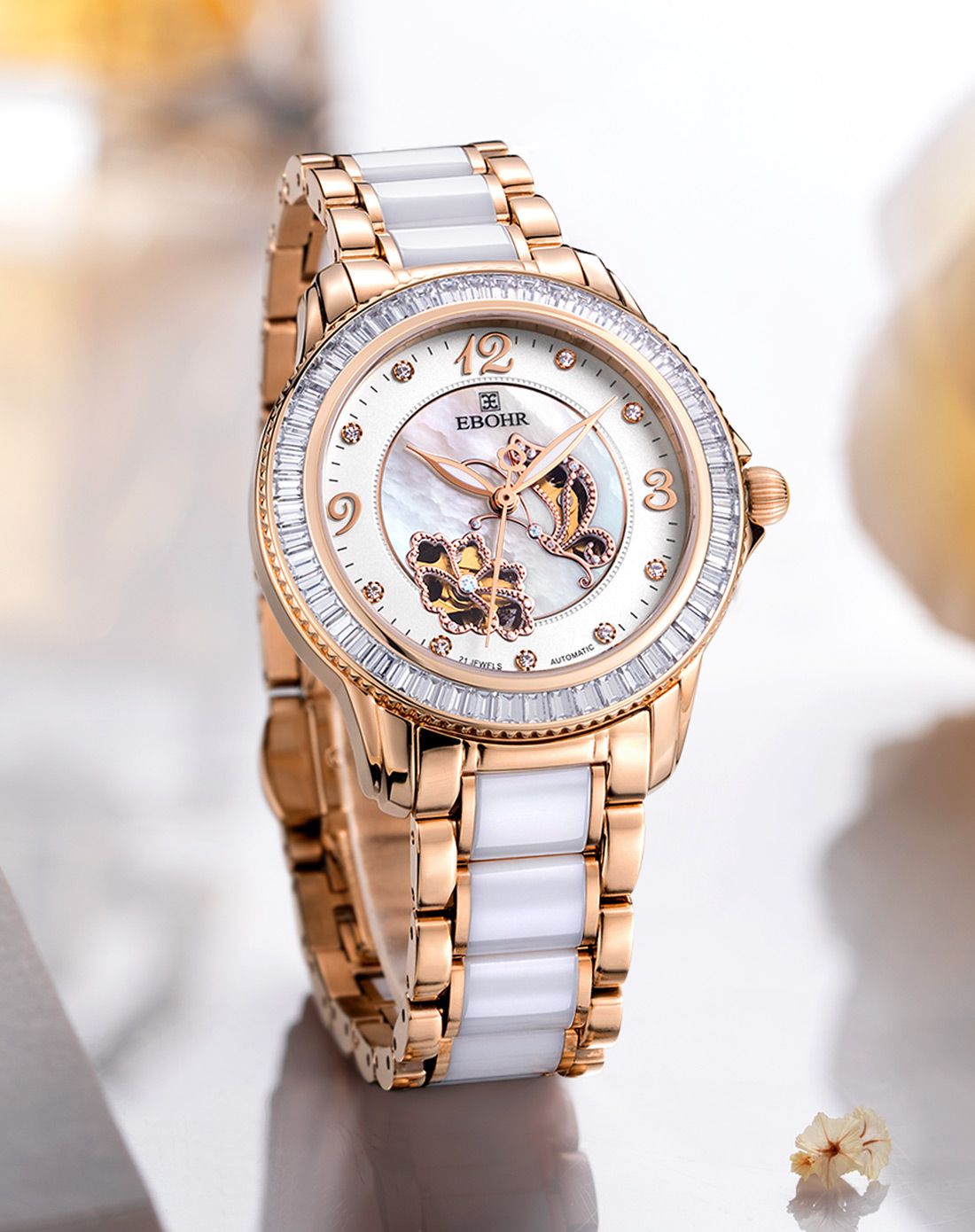 依波手表 时尚高贵半陶瓷表带镂空机械女表