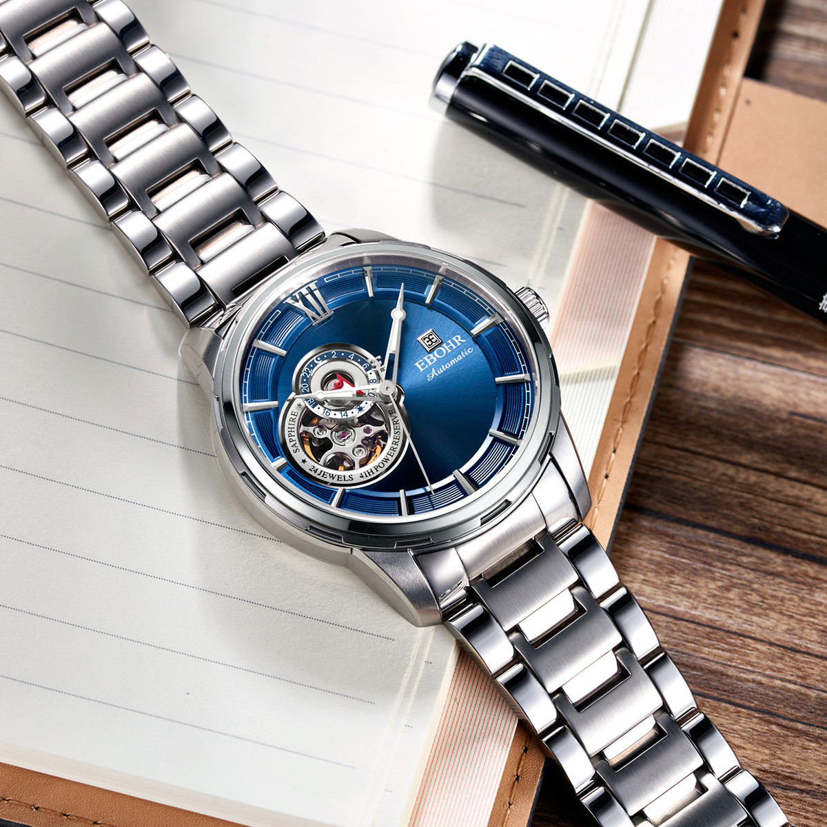 依波 专柜同款 层次镂空男士手表俊朗格调钢带机械男表