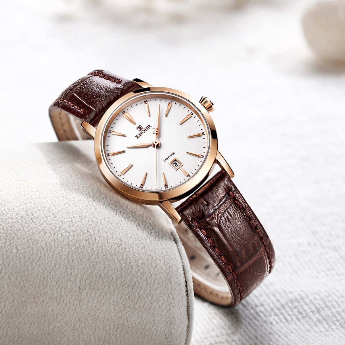 依波女士手表玫瑰金圈休闲皮带石英女表