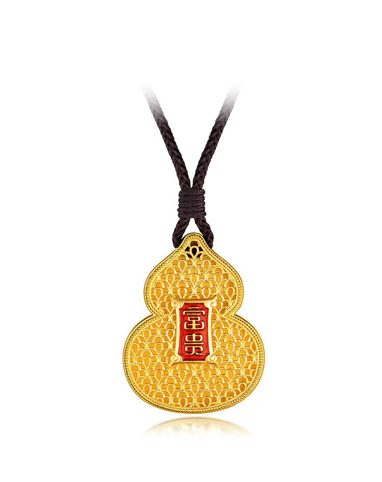 黄金吊坠花丝葫芦牡丹珐琅工艺配绳计价