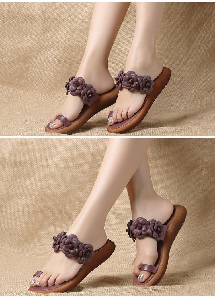 牛皮花朵套趾防水台凉拖紫色