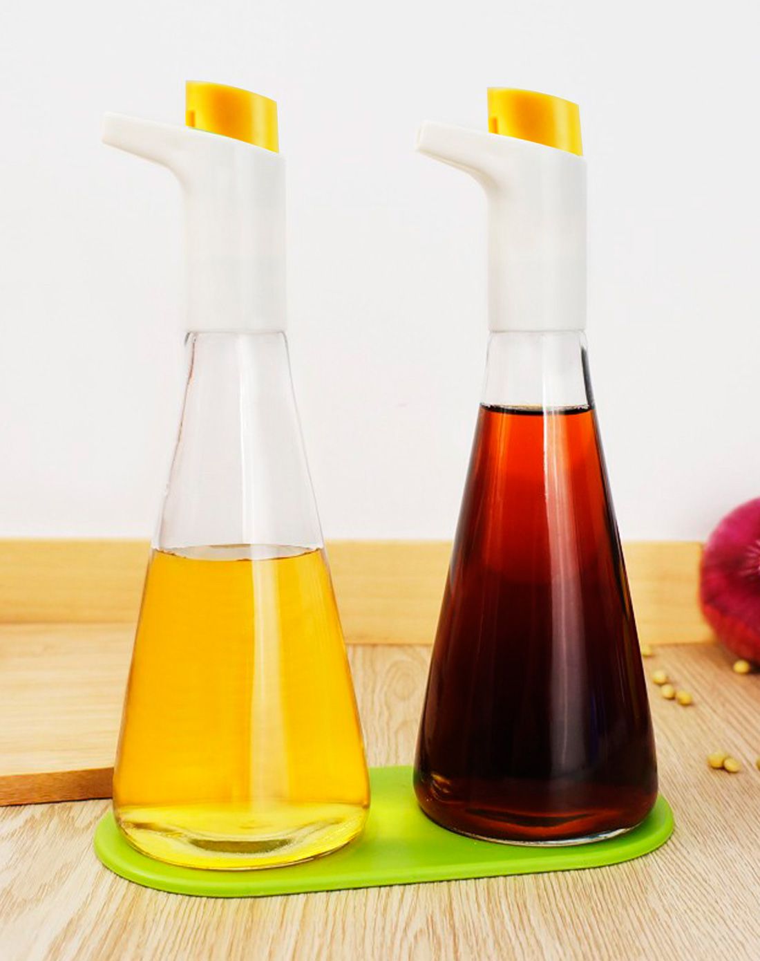 按压式可控流量玻璃油醋对瓶310ml-绿色