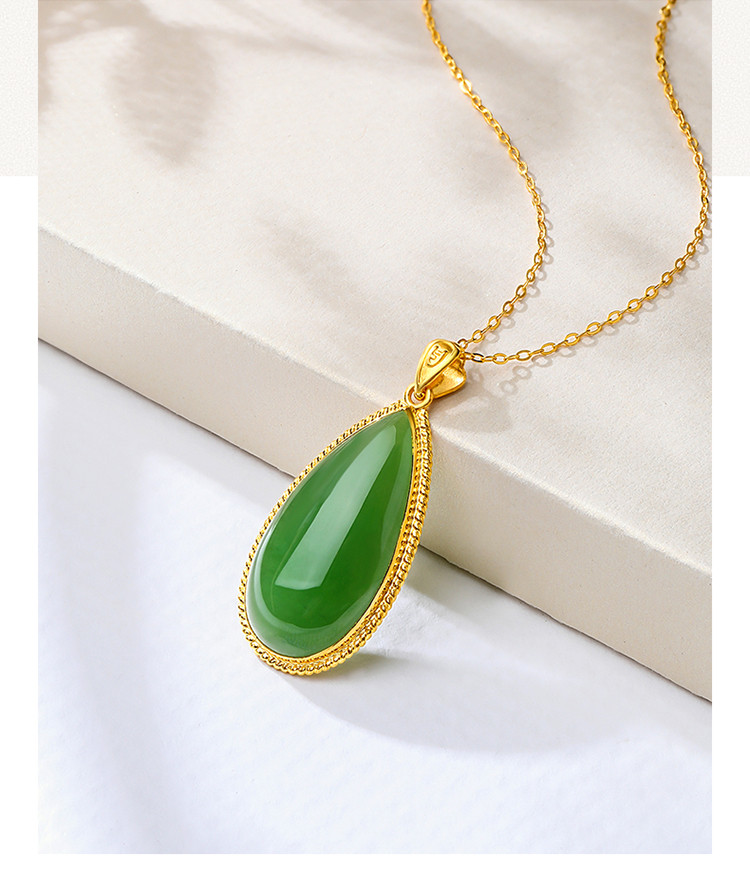 足金和田碧玉吊坠金镶玉吊坠水滴吊坠黄金项链母亲节礼物/不含链