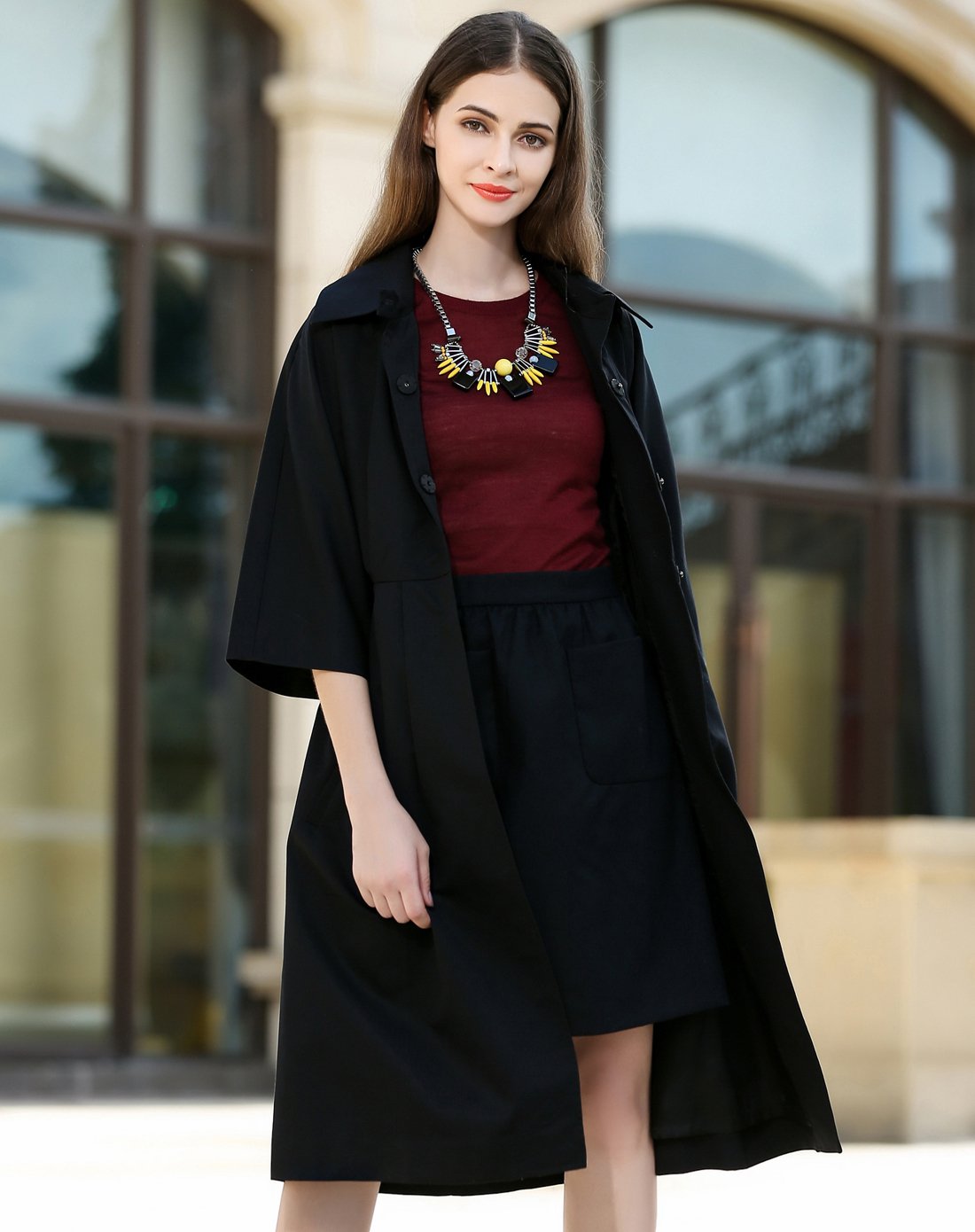 1件5折-nysense&evona法国轻奢女装经典全棉暗条连身风衣sn09051d-60