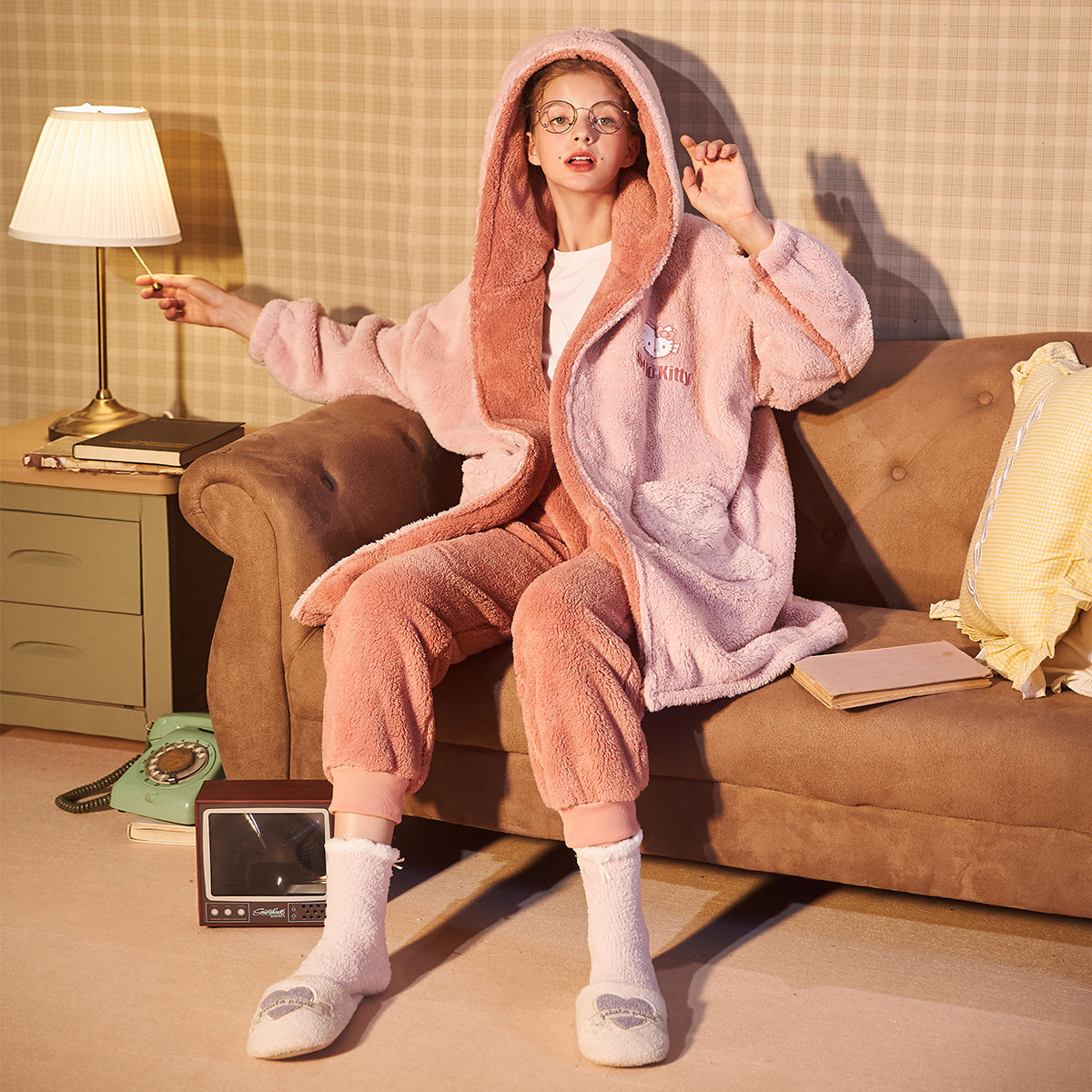 果壳gukoo 家居服女士睡衣/家居服珊瑚绒加厚情侣睡衣套装 古粉 s