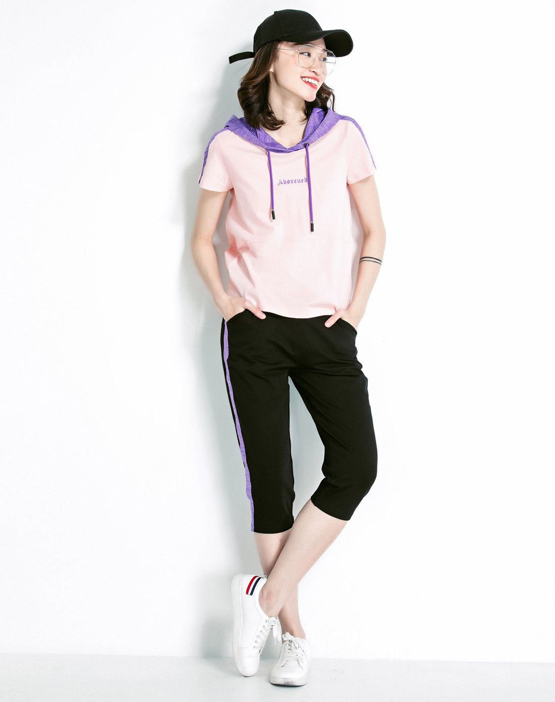 自由呼吸2018夏天新款运动宽松时尚休闲撞色减龄帽衫合体清爽套装两件