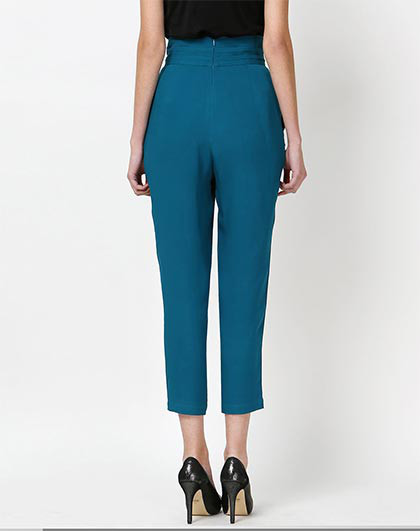 青兰重磅真丝皇后呢高腰育克褶斜袋窄脚加厚哈伦长裤子