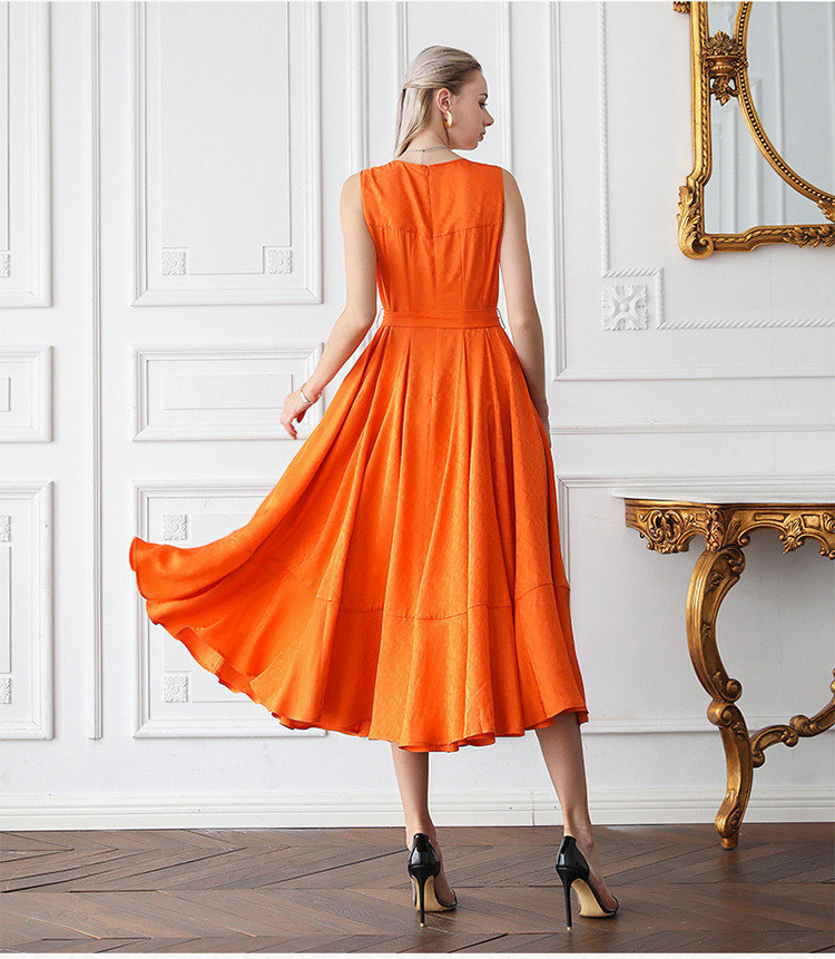 22姆米提花圆领无袖大摆礼服裙原创设计橙色真丝连衣裙