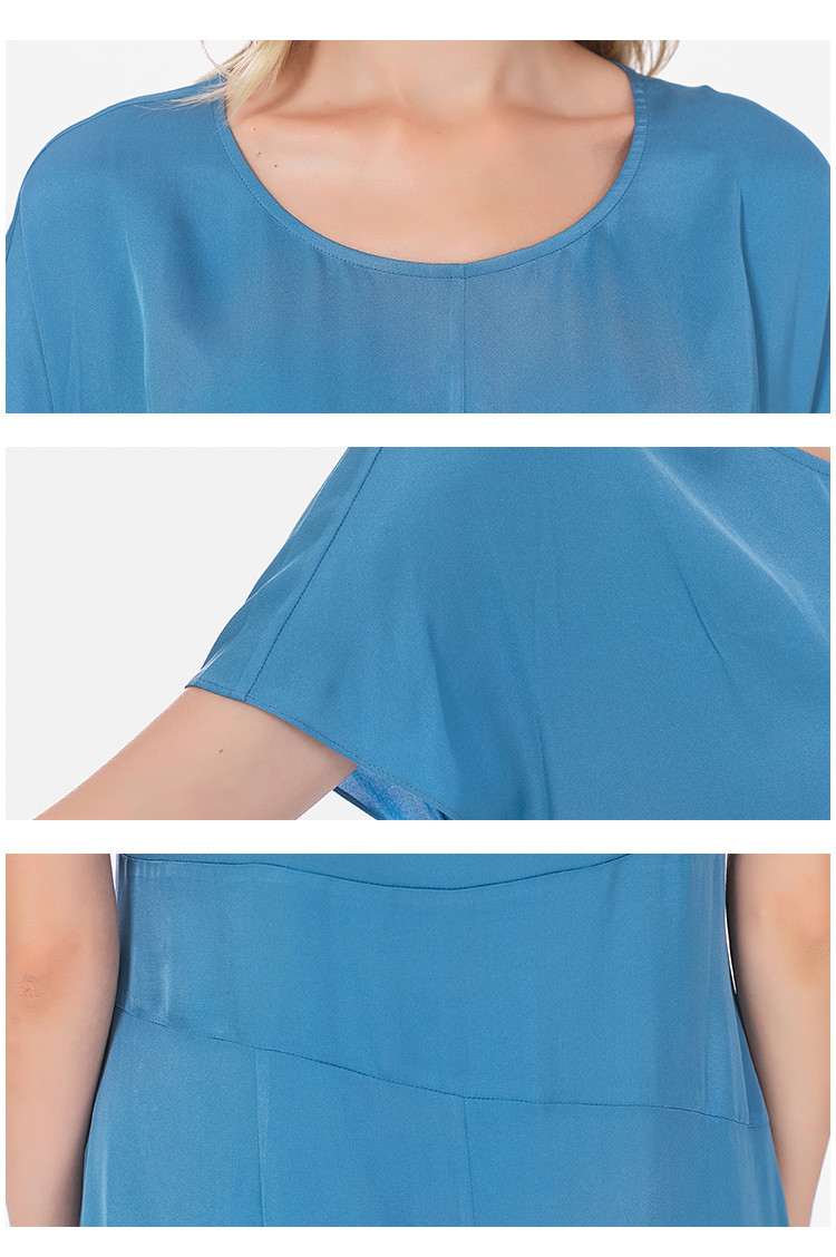 19姆米弹力丝绸天青蓝圆领连肩袖高腰亲肤大方简约中长连衣裙