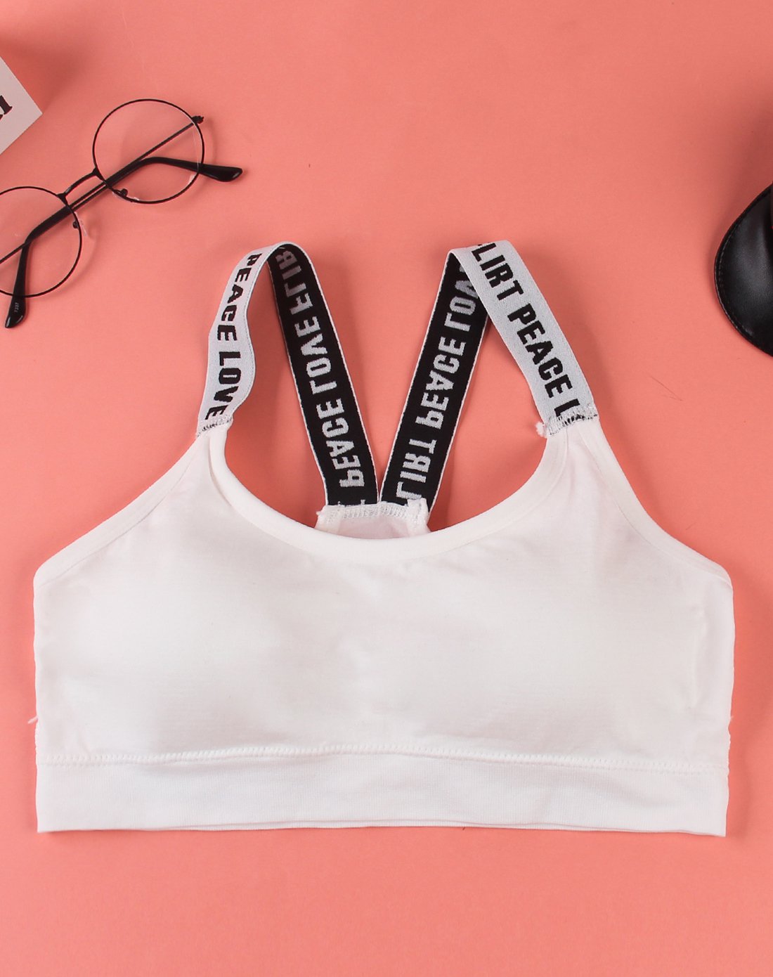 字母肩带背心防震跑步少女黑白2件装内衣无钢圈运动文胸