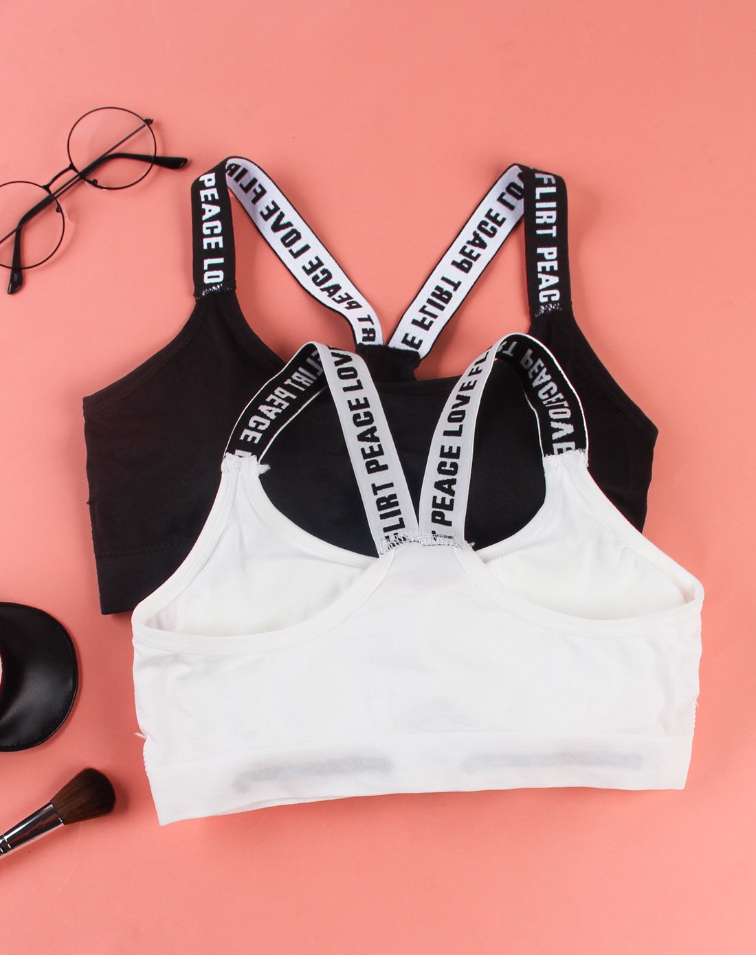 字母肩带背心防震跑步少女黑白2件装内衣无钢圈运动文胸