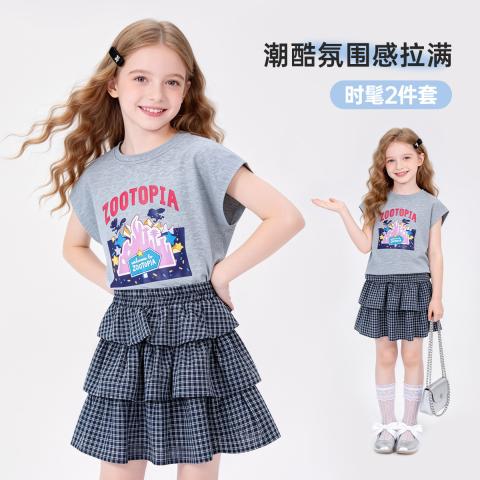 迪士尼 韩系格纹蛋糕裙套装26夏女童潮酷时尚百搭印花短袖裙子两件套 图片 2